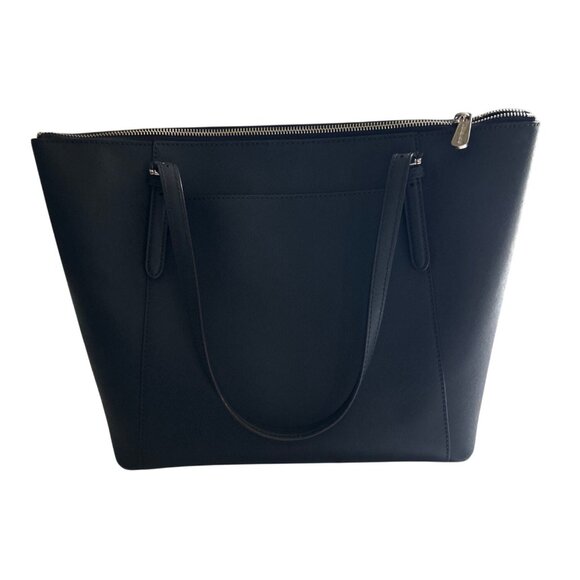 Michael Kors Navy Leather Tote Handbag With Silver MK Charm & Zipper Closure - Picture 1 of 14